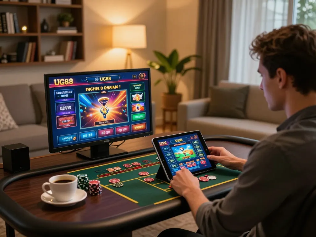 Player engaging with UG88's online casino app on a tablet, showcasing a cozy gaming environment.