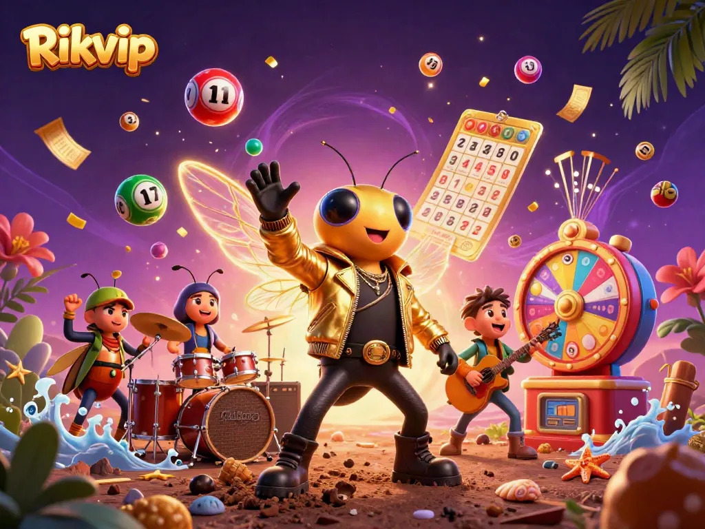 Experience the exciting world of Rikvip with a vibrant 3D casino-themed illustration full of dynamic gambling elements.