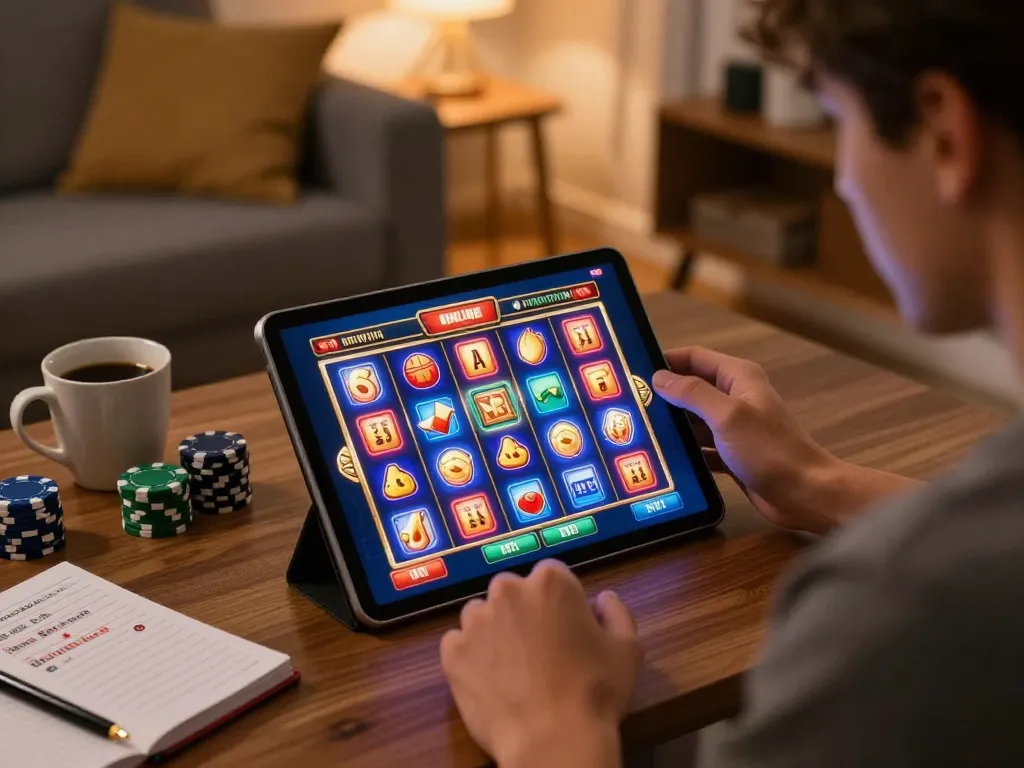 IDNSCORE online slots gameplay on a tablet in a cozy living room setting, highlighting gaming engagement.