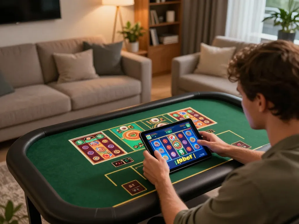 Play strategically on i9bet using a tablet in a cozy home gaming setup with vibrant visuals.