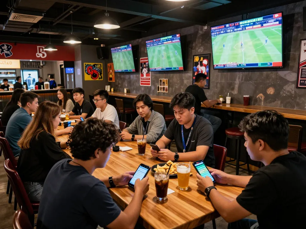 Engaging sports betting scene showcasing kèo nhà cái with friends enjoying live sports and mobile betting.
