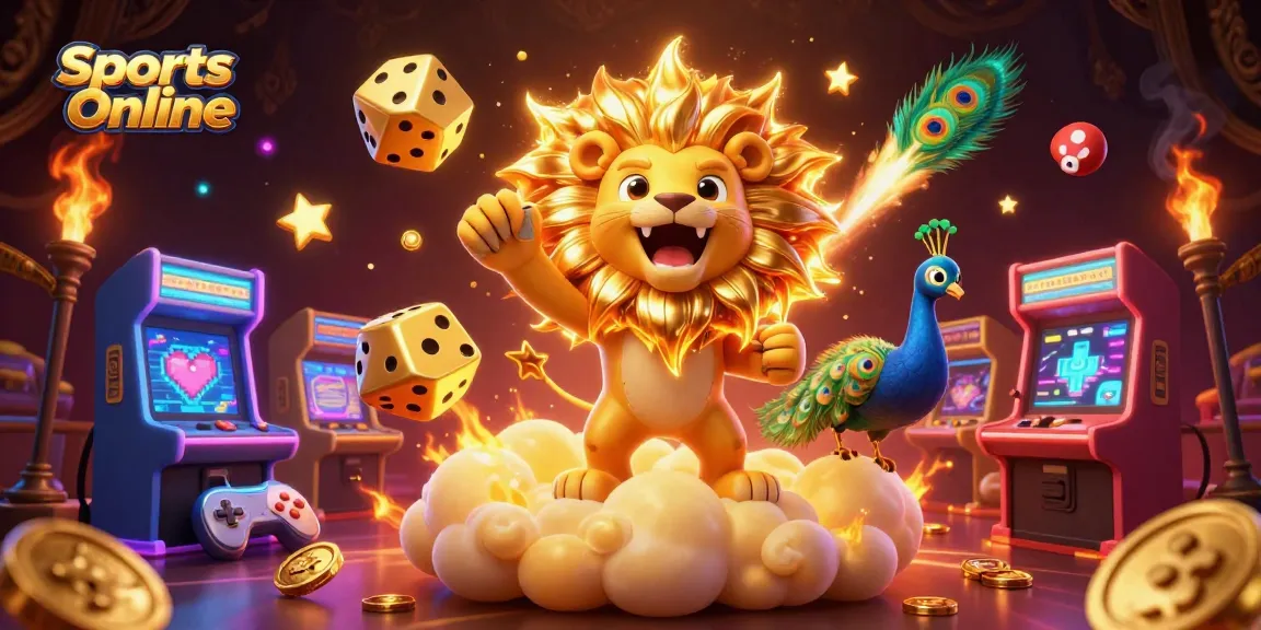 Experience exhilarating Sports Online betting with a 3D lion, golden dice, and vibrant gaming elements.