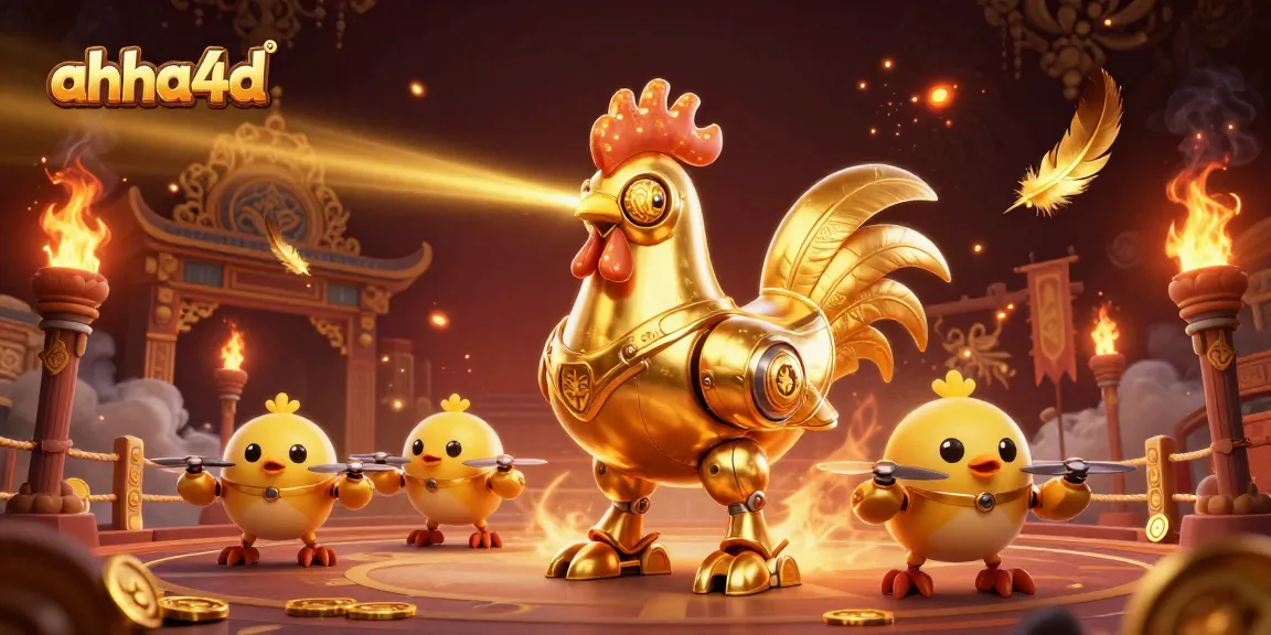A dynamic scene showcasing ahha4d's golden rooster robot and chick drones amidst a vibrant casino atmosphere, engaging in gambling.