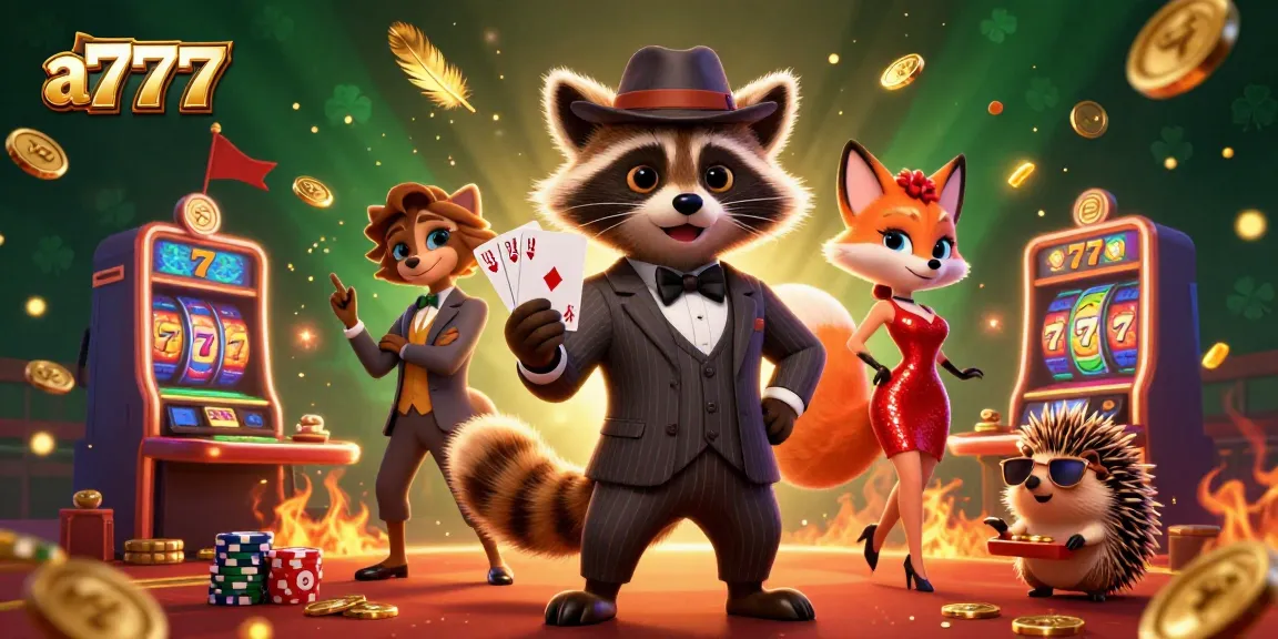 Win big with a7777 in this lively casino scene featuring a stylish raccoon and friends.