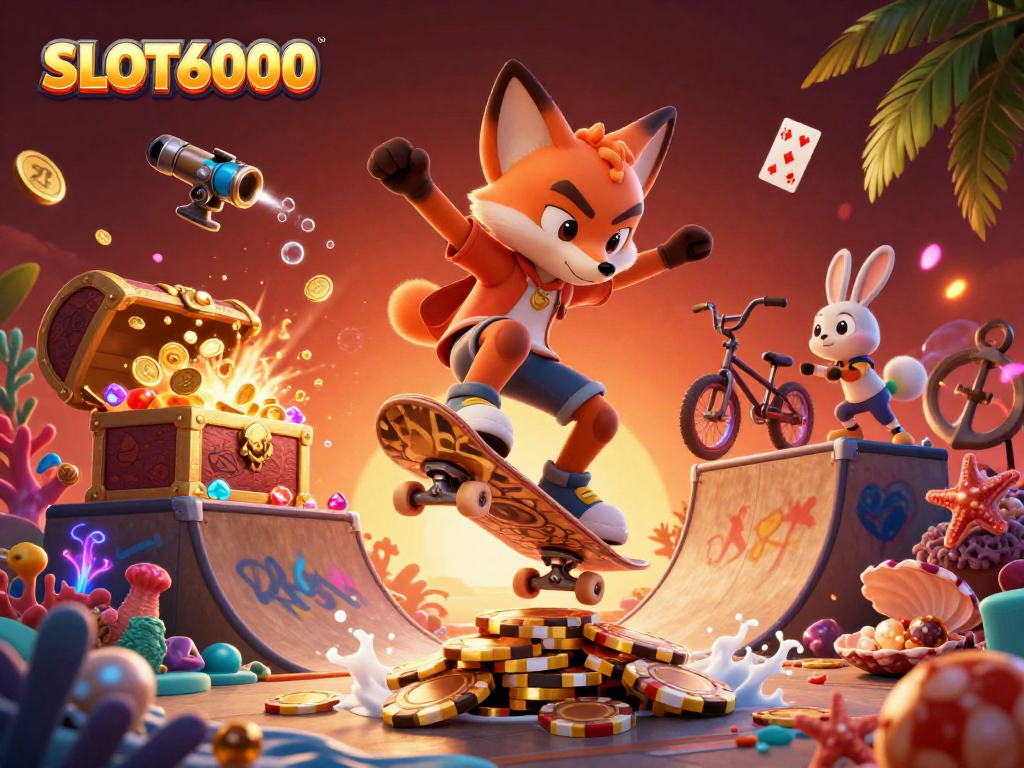 SLOT6000 offers thrilling gameplay with a vibrant cartoonish 3D scene featuring animated characters engaged in dynamic casino activities.