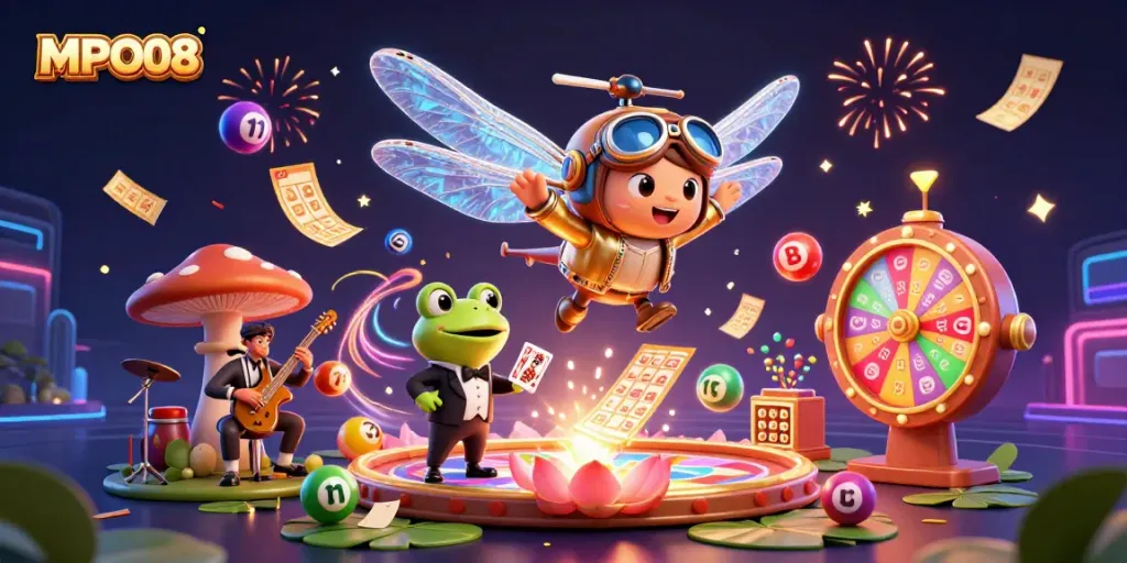 MPO08 offers an engaging gaming experience with a lively casino scene featuring a dragonfly pilot and frog croupier.