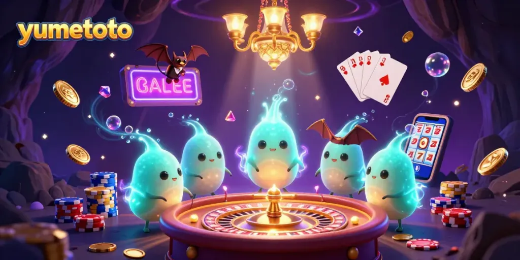 Play glowing games with yumetoto in a vibrant casino atmosphere lit by enchanting glowworms.