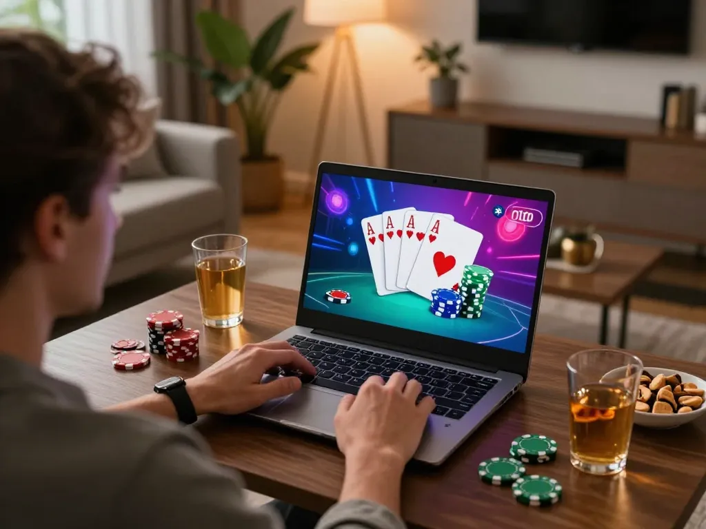 Engaging gameplay at home showcasing GO8's online casino environment with vibrant graphics and snacks.