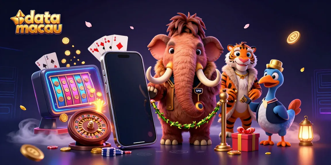 Experience the excitement of data macau with a bustling casino scene featuring a woolly mammoth bouncer.