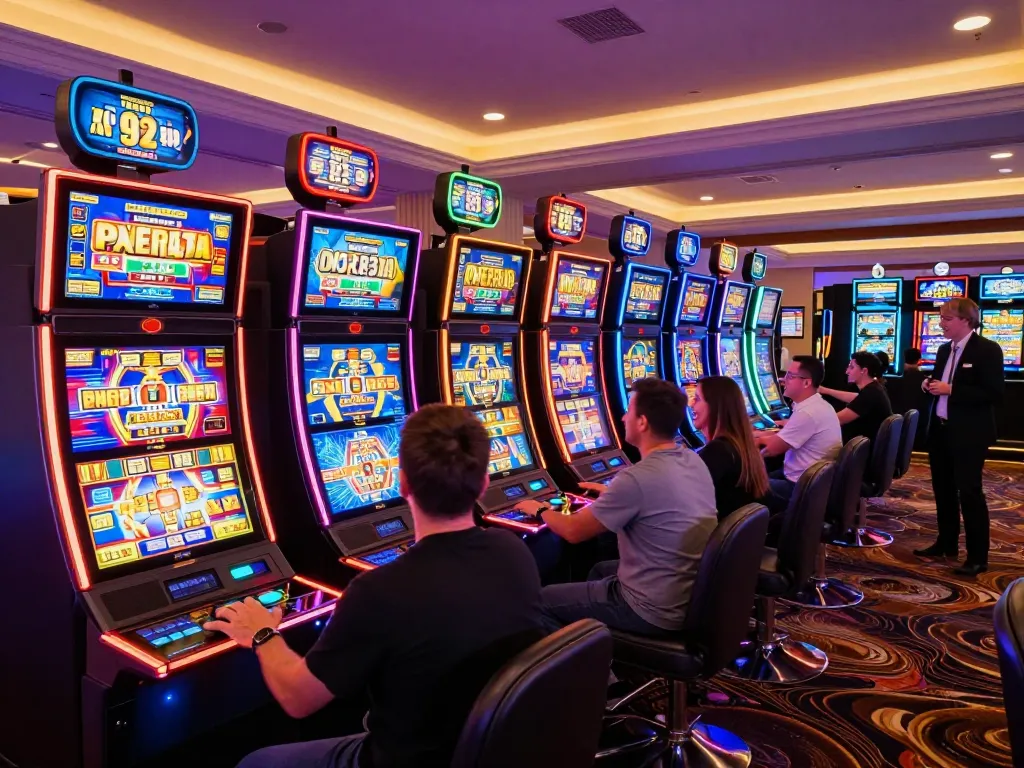 Players enjoying slot thailand games at a vibrant casino, celebrating wins with excitement.