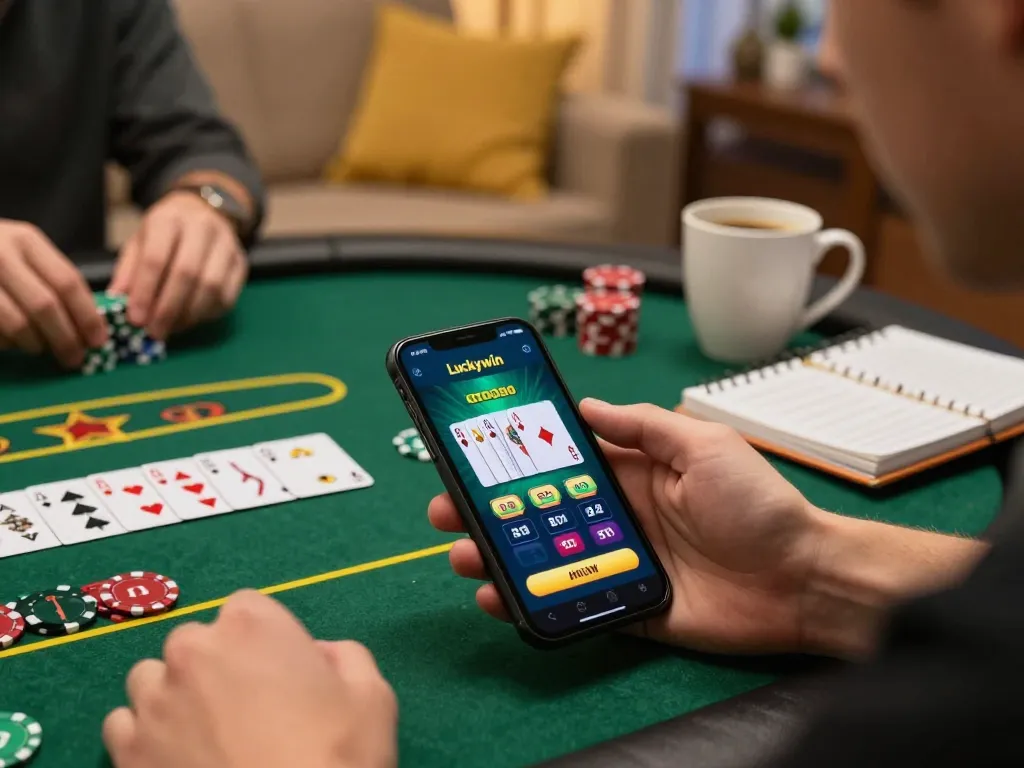 Playing poker on the Luckywin app, highlighting exciting online gaming experience.