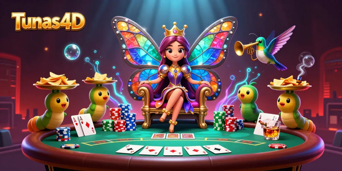 Tunas4D menghadirkan ratu kupu-kupu 3D berwarna-warni dan kasino poker yang penuh warna.