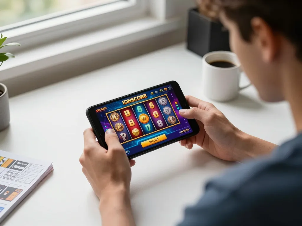 IDNSCORE mobile gaming experience with engaging slot game on screen, highlighting user interaction and responsible gambling.