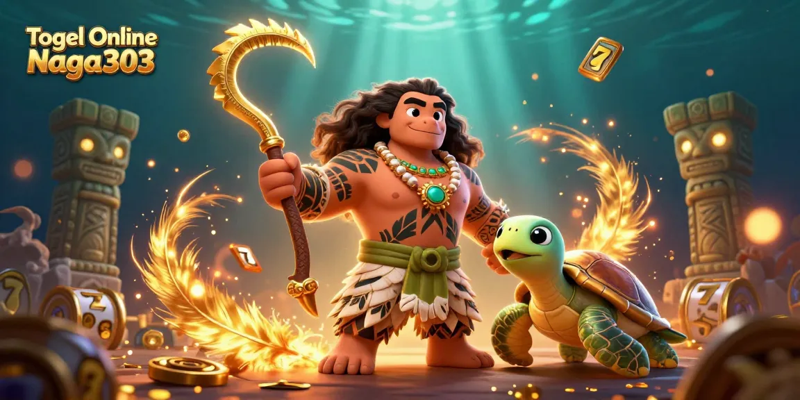 Togel Online Naga303 features a vibrant 3D scene with a demigod hawk amidst golden slot machine elements.
