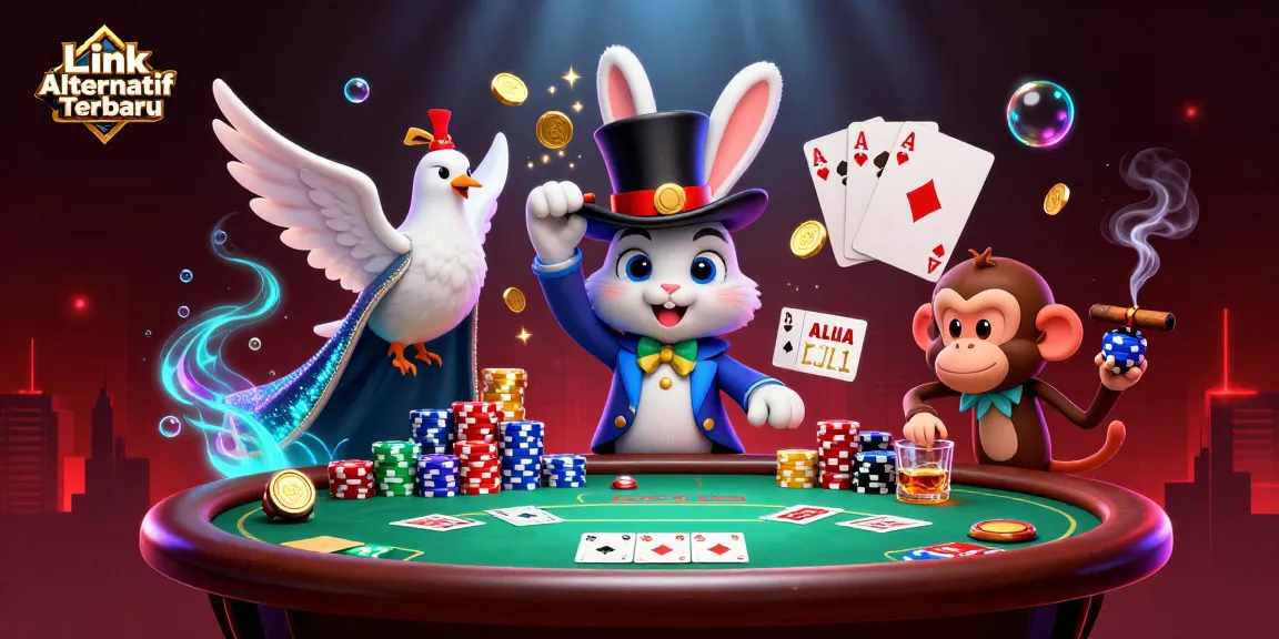 Engage with Link Alternatif Terbaru in a vibrant casino scene featuring magical characters and poker action.