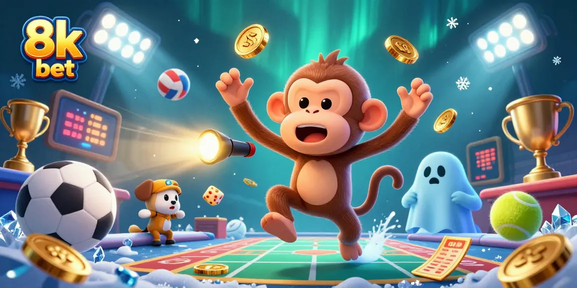 Experience thrilling bets at 8k bet with cartoon characters in a vibrant casino environment.