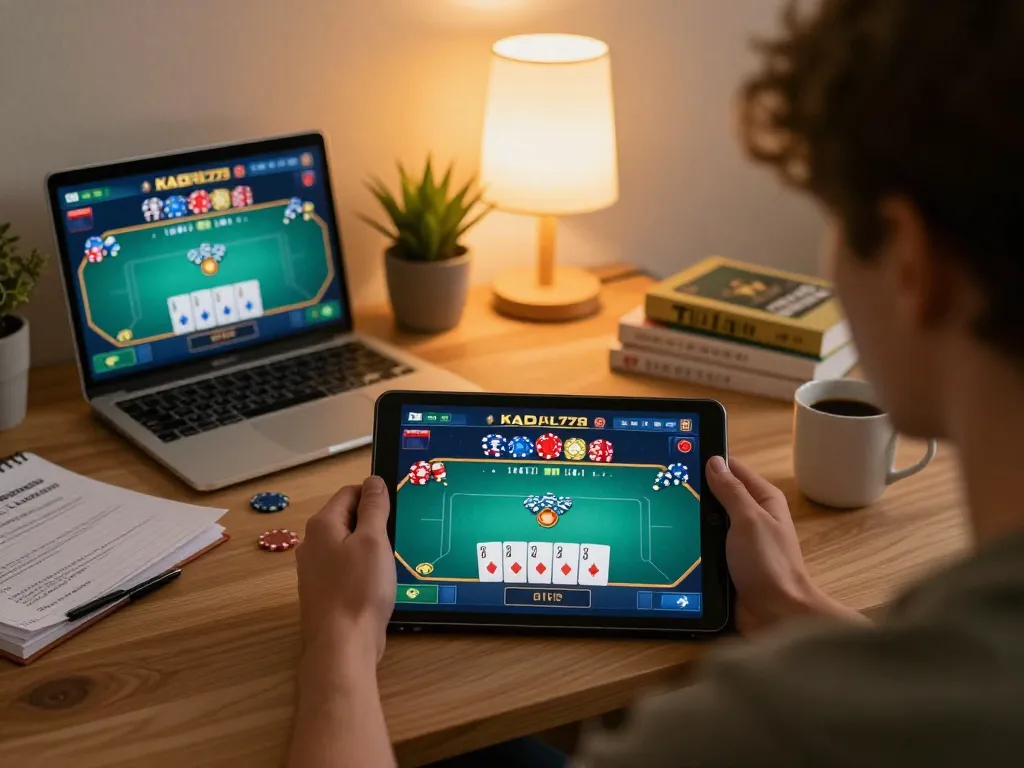 KADAL778 player enjoying a poker game on tablet in a cozy living room, showcasing strategy and excitement.