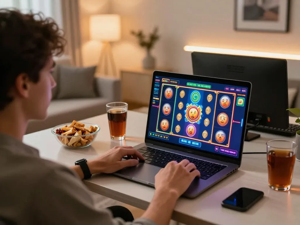 Pemain menikmati situs slot gacor di laptop dalam pengaturan rumah yang nyaman dengan camilan dan kegembiraan yang terlihat.