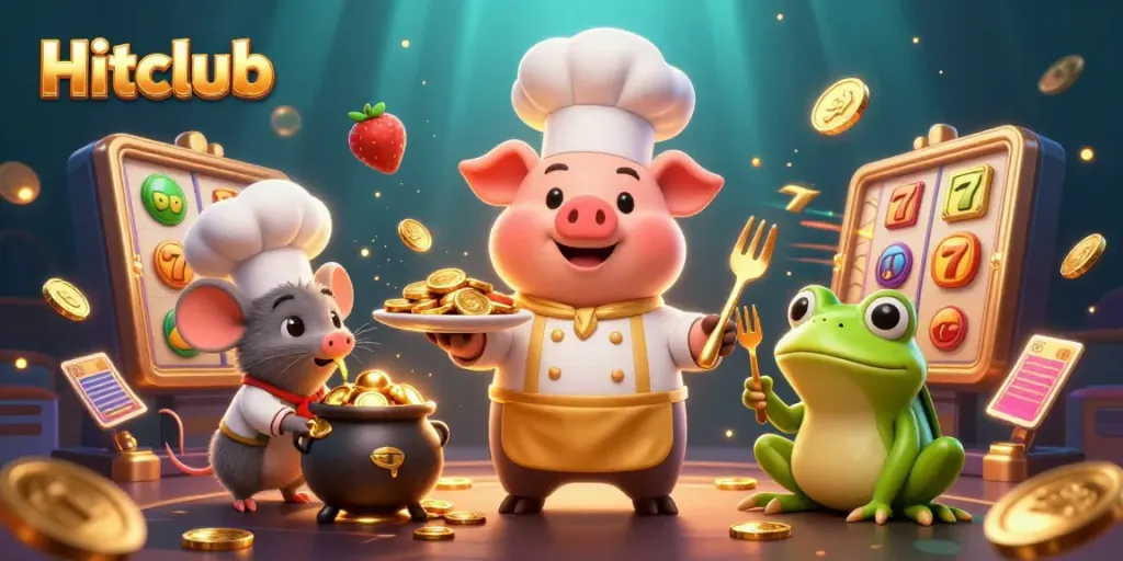 Hitclub features a 3D cartoon chef pig serving gold coins amidst slot reels and dynamic gold elements.