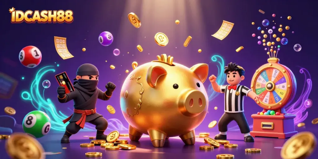 Spin to win with IDCASH88 in this vibrant 3D illustration featuring action-packed characters and casino elements.