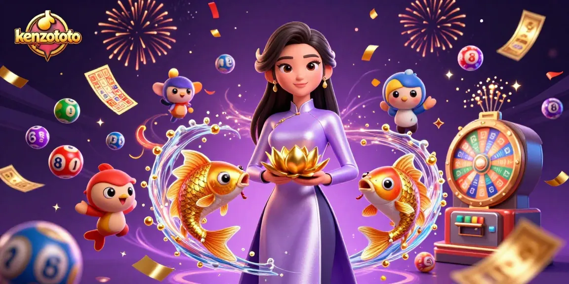 Kenzototo vibrant lottery scene with Asian woman, koi fish, and dynamic numbers, celebrating gaming excitement