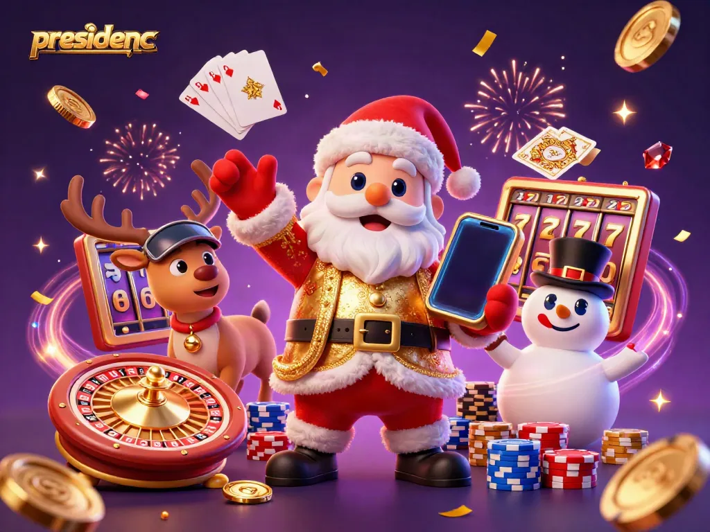 presidencc showcases Santa Claus in a casino, celebrating with coins and gems, highlighting jackpot excitement.