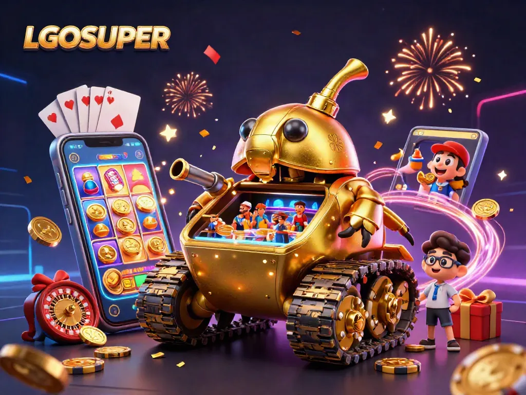 Experience the excitement of LGOSUPER casino gaming with dynamic scenes of slots and confetti.