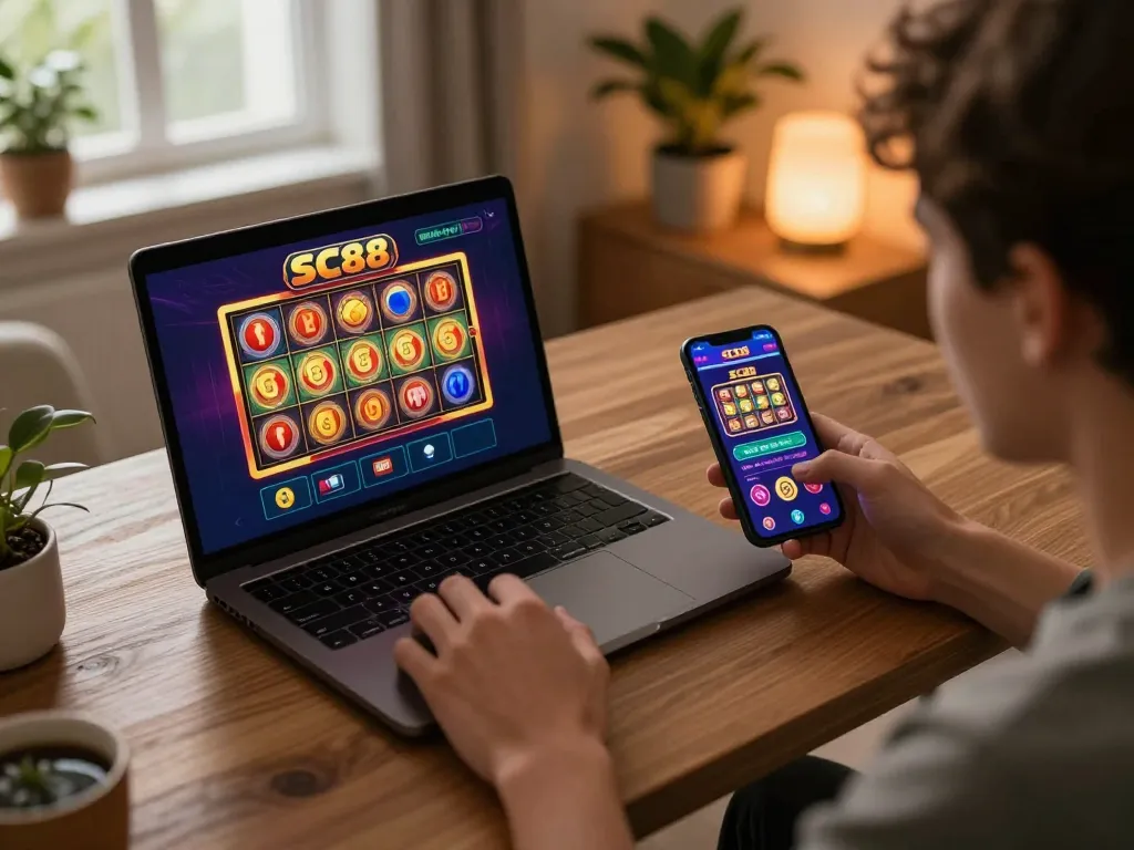 Player enjoying SC88 casino app on a modern laptop and smartphone in a cozy home gaming setup