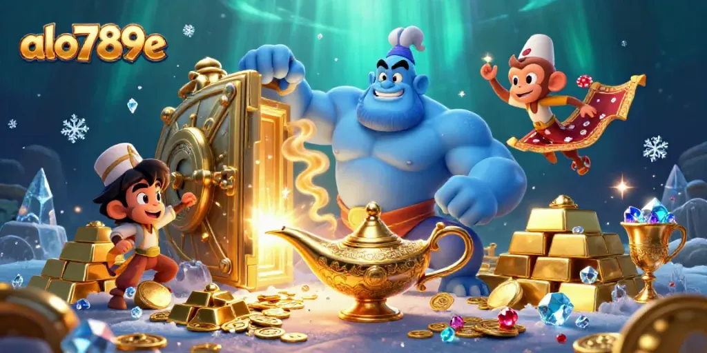 Experience excitement at alo789e with a vibrant 3D casino scene featuring a genie, treasures, and poker chips.