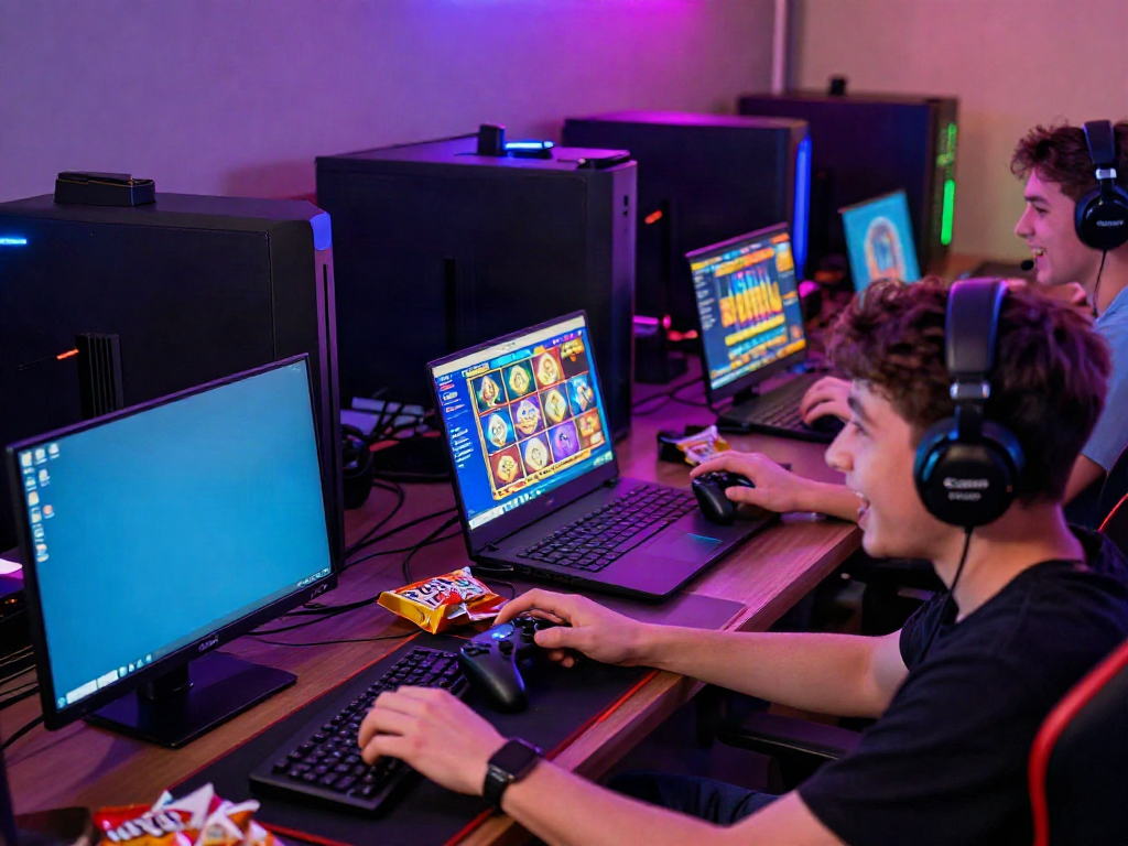 Engaged player enjoying slot gacor games on multiple devices in a vibrant gaming setup.