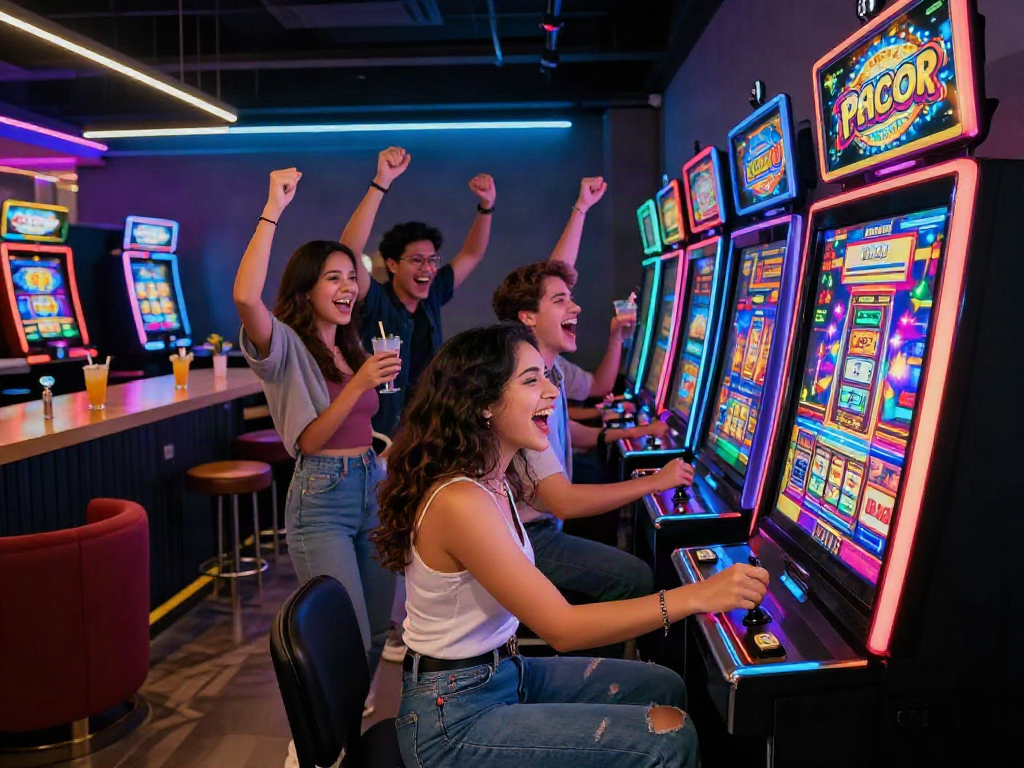 Slot Gacor dalam suasana permainan dengan teman-teman merayakan kemenangan di lounge modern.