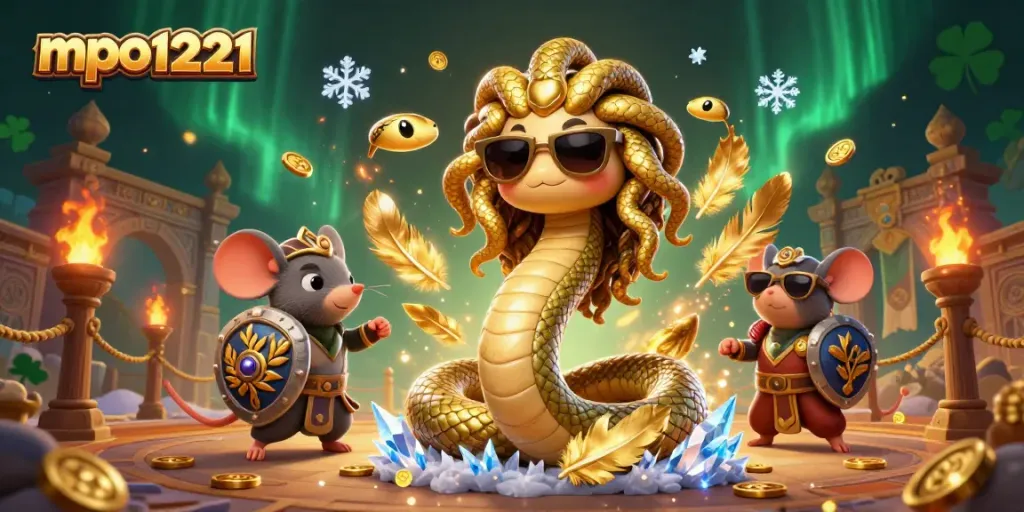 Gambarkan mpo1221 dengan Medusa lucu dan pahlawan tikus bertarung di arena kazino yang megah.