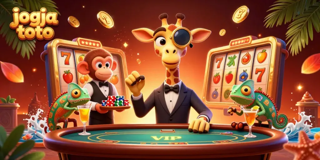Experience gamblers celebrating wins at jogja toto with a high-roller giraffe and lively casino atmosphere.
