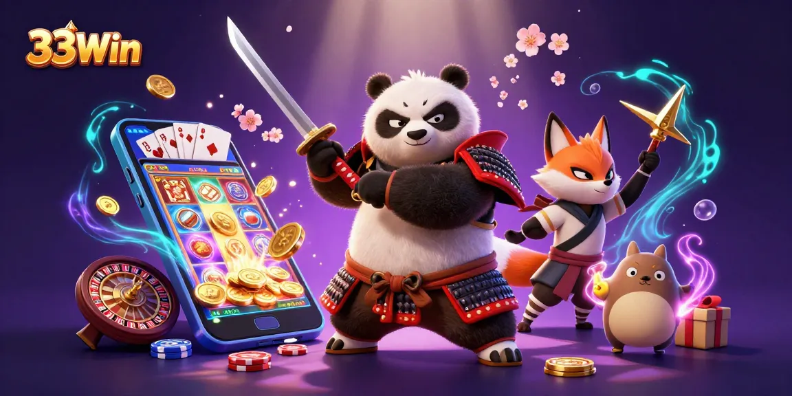 Engage with the thrilling world of 33Win as a samurai panda and ninja fox explore exciting games.