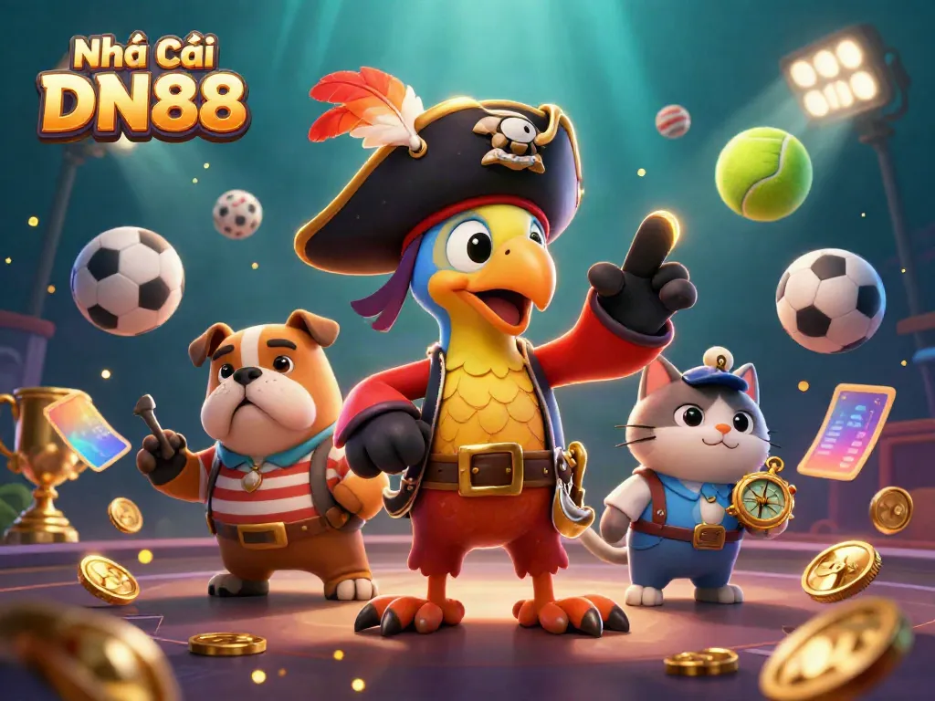 Engage in thrilling betting with Nhà cái DN88 in a dynamic pirate-themed scene filled with action.