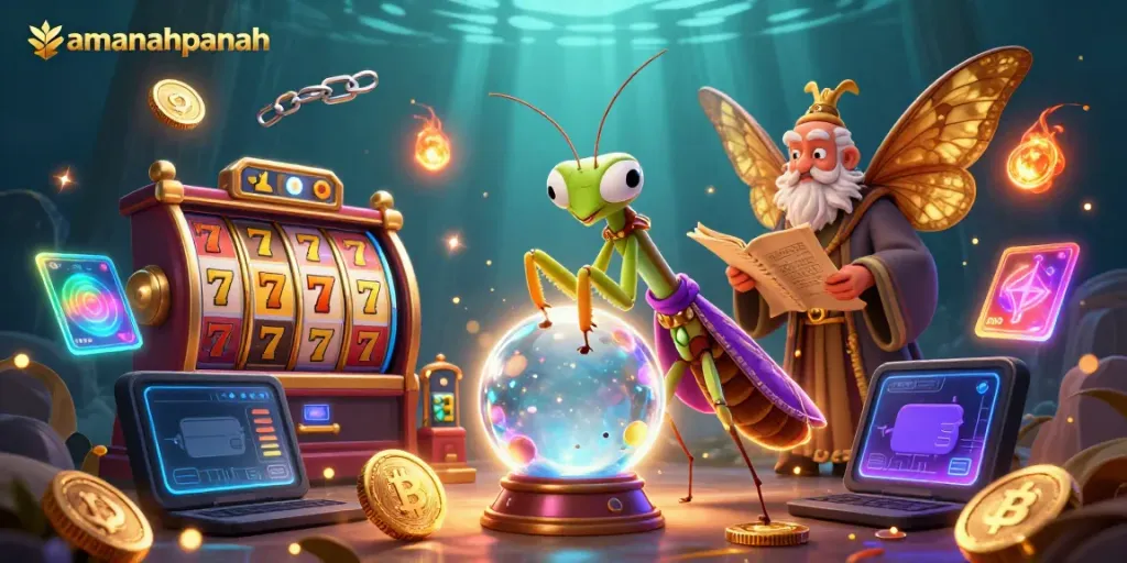 Slot gacor amanahpanah menampilkan karakter buku tua dan ibu peramal dengan koin cryptocurrency.