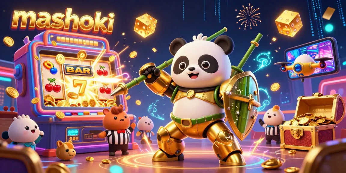 Mashoki offers an electrifying casino experience with dynamic slot machine action, featuring golden panda characters.