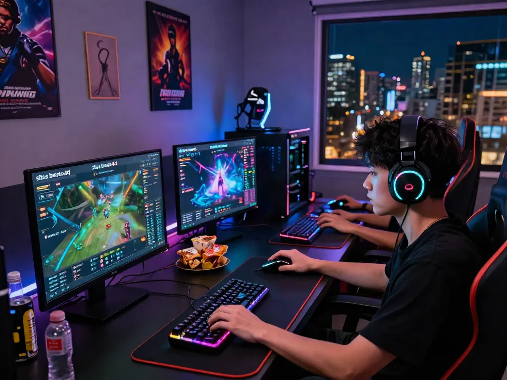 Engaging online gaming setup featuring situs bento4d, gamer focused with vibrant graphics