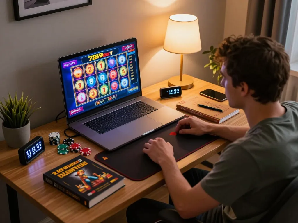 Engaging moment of a player enjoying 789bet's online slots from a stylish home setup, illustrating modern gaming