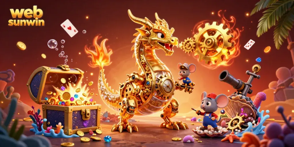 Experience thrilling gameplay at web sunwin with our golden dragon and treasure-filled underwater scene.