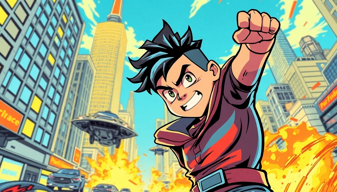 Visualisasi westmanga karakter komik pahlawan di lingkungan kota futuristik yang dinamis.