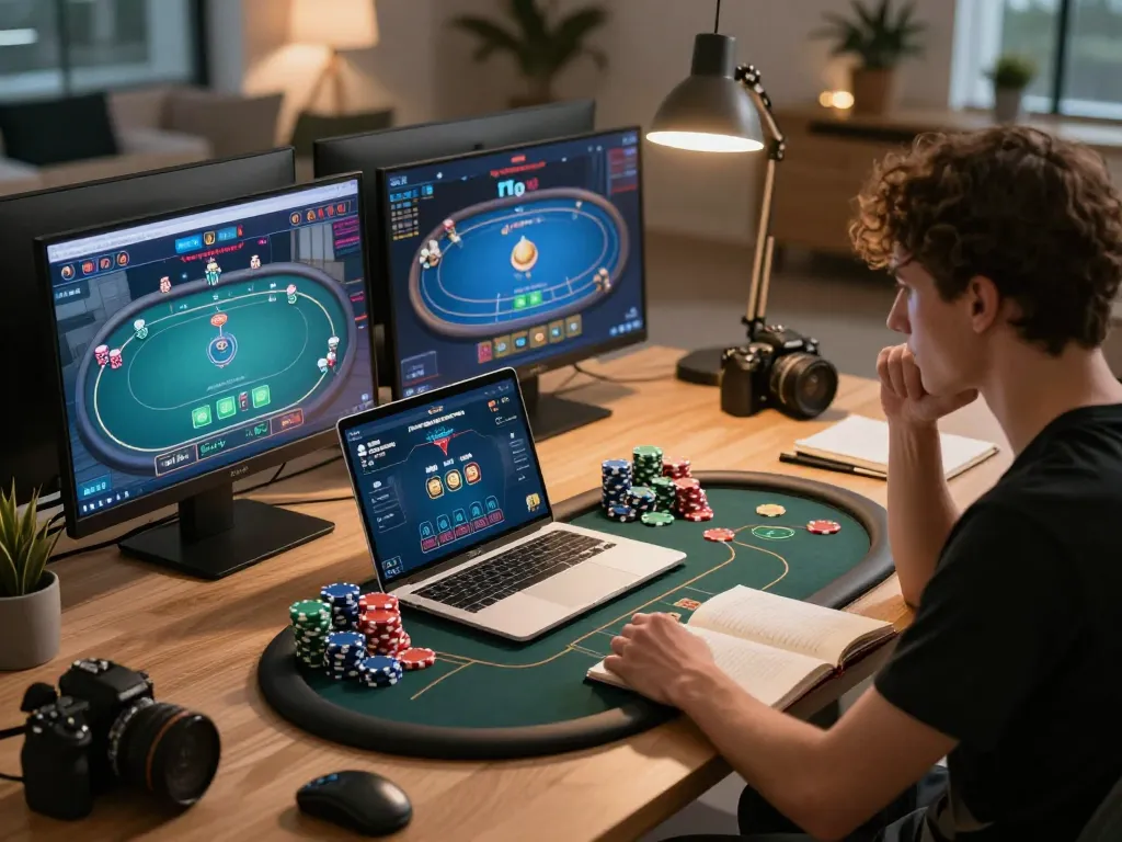 Player strategizing in an online game at lucks8 with chips and multiple screens displaying games