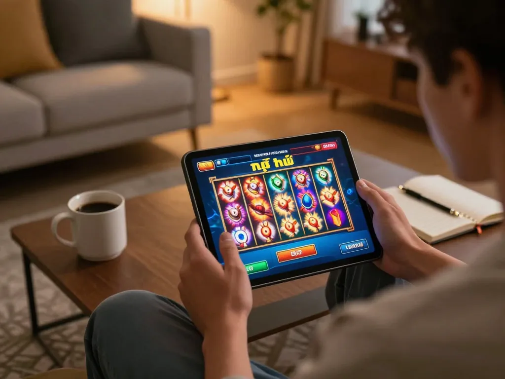 Player enjoying nổ hũ slot game on tablet in cozy living room, showcasing dynamic online gaming atmosphere