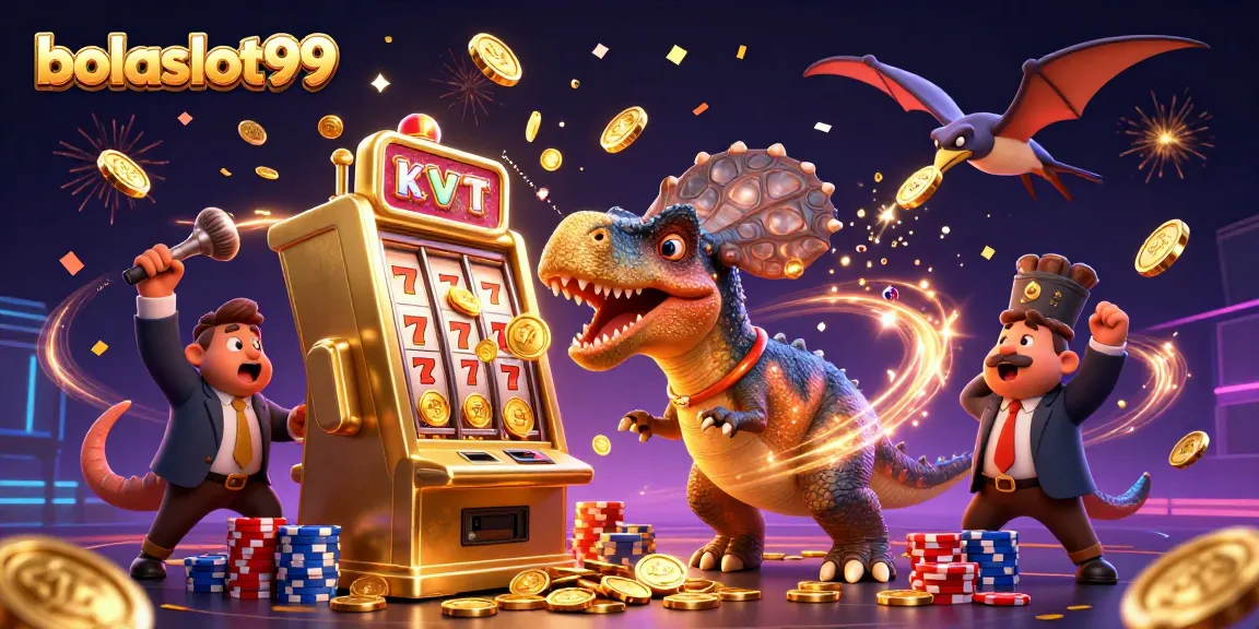 bolaslot99 showcases a pachycephalosaurus hitting a slot machine, capturing jackpot excitement