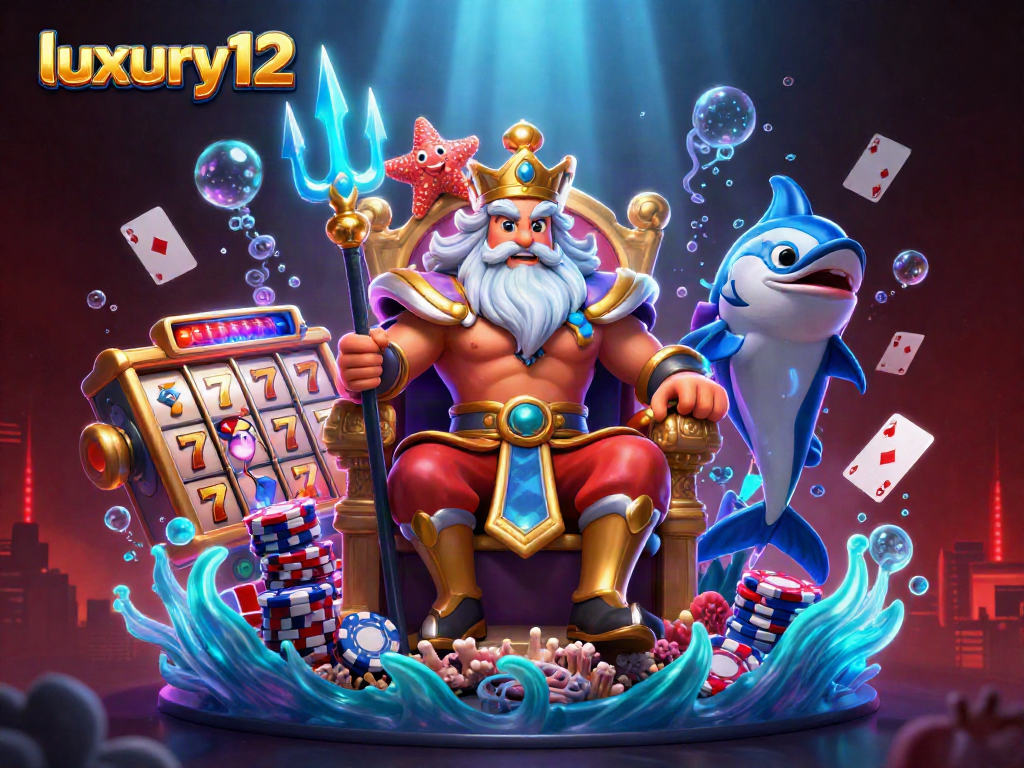 Experience luxury12's vibrant online casino journey with Neptune and gaming elements in a dynamic 3D scene.