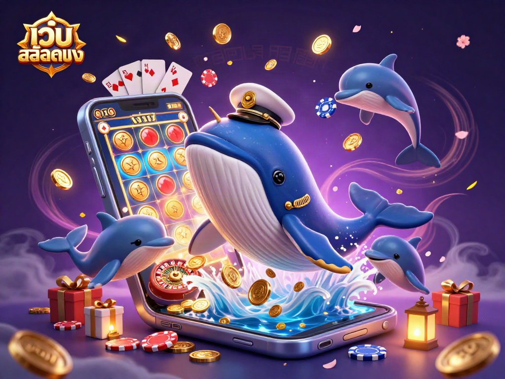 Play slot games with big wins at เว็บสล็อตตรง featuring a whale, narwhal, and dolphins amidst exciting casino elements.