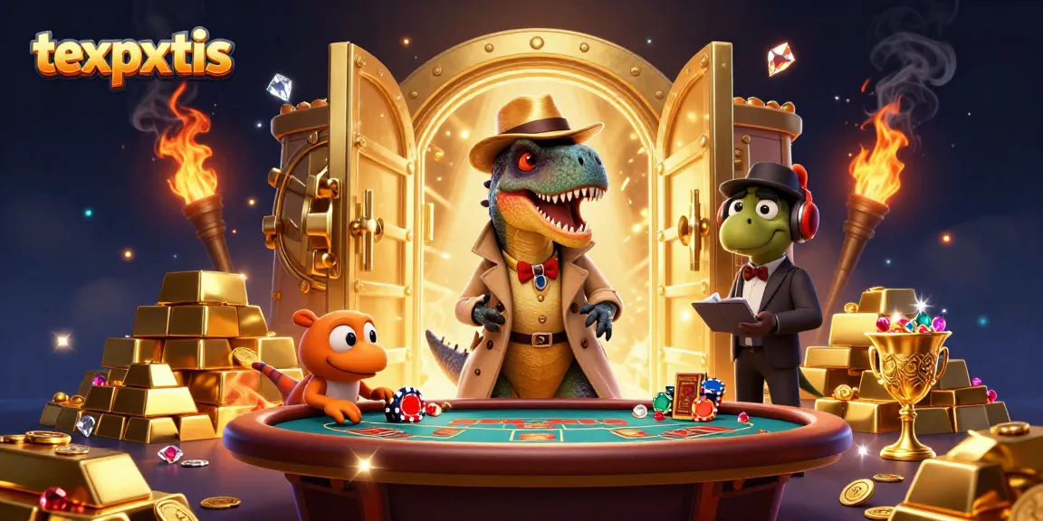 Velociraptor yang menghitung kartu di meja blackjack di situs texpertis, dikelilingi emas dan harta berkilau.