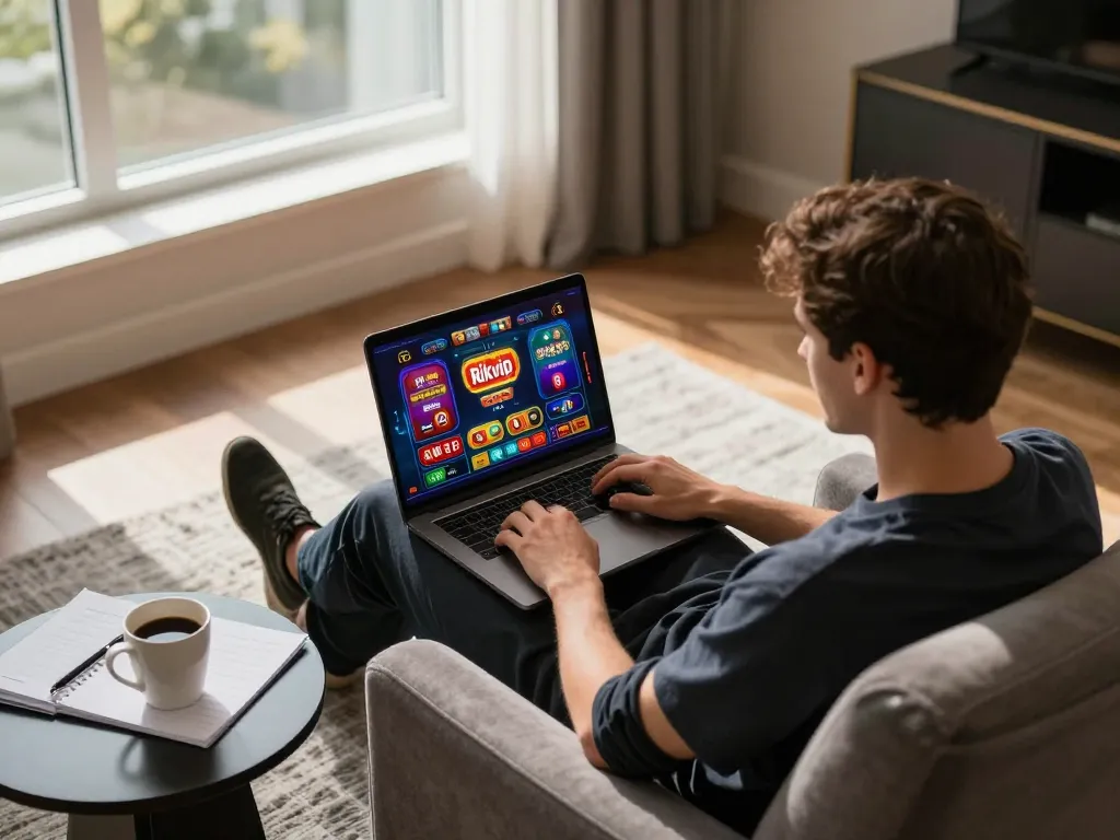 Engaging online gaming experience with rikvip on laptop, cozy home atmosphere