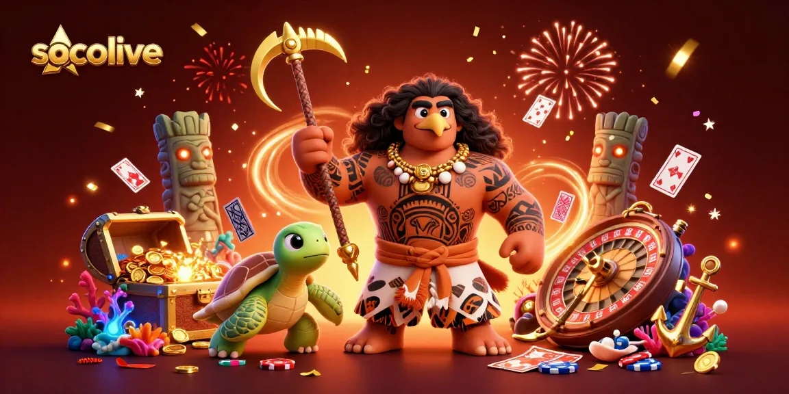 Socolive enhances gaming excitement with a vibrant illustration showcasing a demigod and turtle surrounded by casino elements.