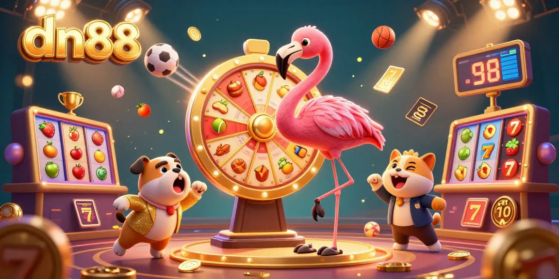 Join the thrill at dn88 with an exciting 3D casino game show featuring a flamingo host, bulldog contestant, and prize reveals.